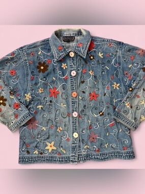 Vintage New Directions Embroidered Floral Boho Cottagecore Denim Jacket Size L